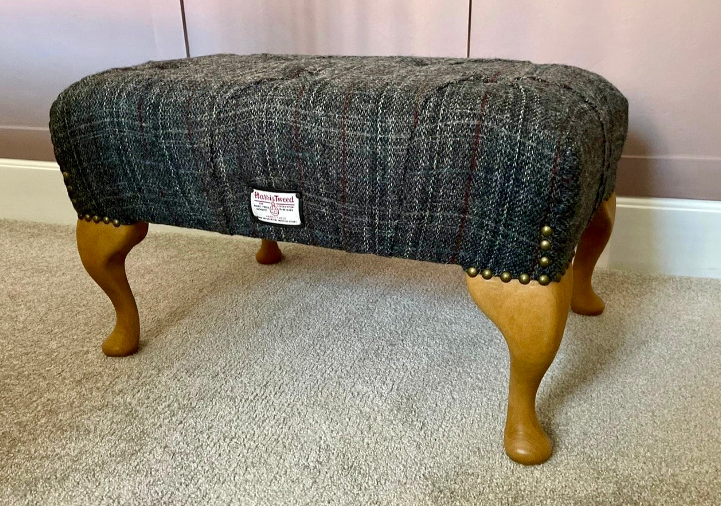 Harris Tweed Deep Buttoned Footstool, Pouffe, Unique Handmade, Traditionally made, Queen Anne Legs