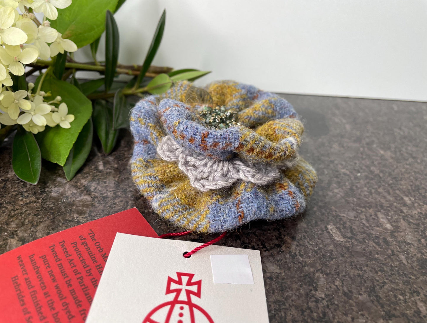 Hand crafted Genuine Harris Tweed Crochet Flower Brooch, Corsage Pin, Scottish Brooch Bag Charm Gift