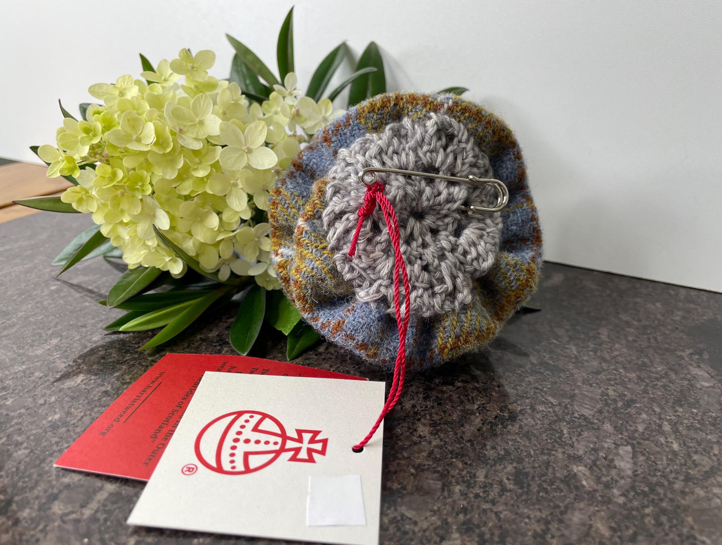 Hand crafted Genuine Harris Tweed Crochet Flower Brooch, Corsage Pin, Scottish Brooch Bag Charm Gift