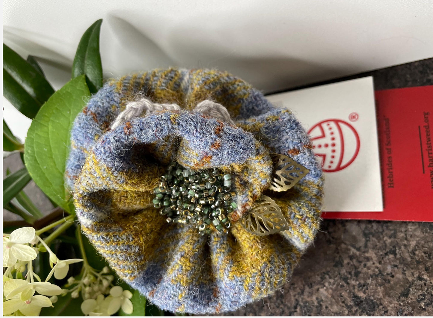 Hand crafted Genuine Harris Tweed Crochet Flower Brooch, Corsage Pin, Scottish Brooch Bag Charm Gift