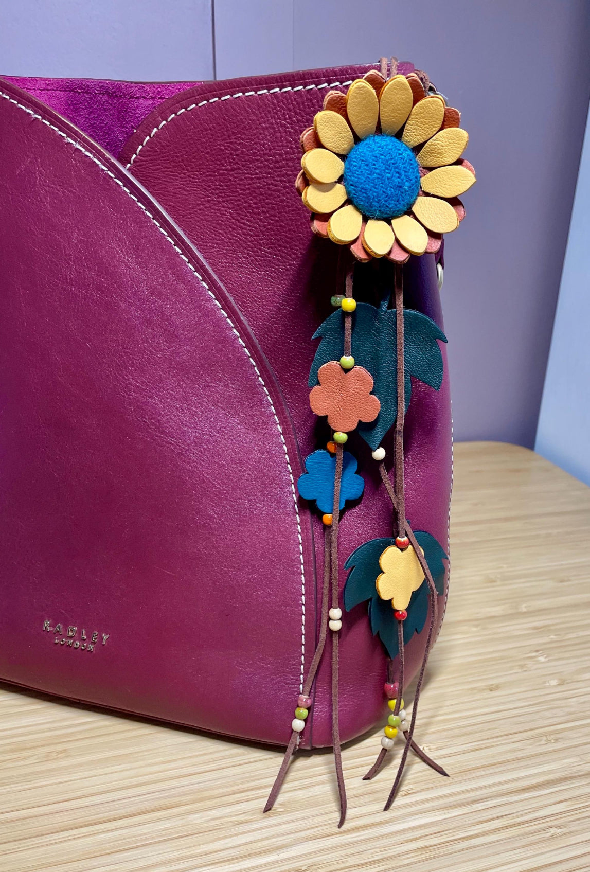 Handmade 100% Leather Flower Bag Charm Leather key ring Gift
