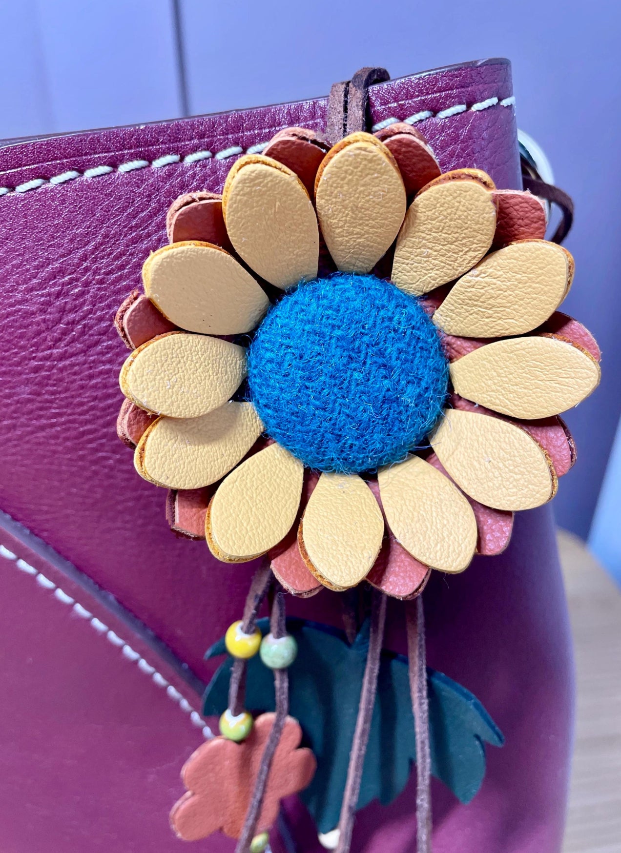 Handmade 100% Leather Flower Bag Charm Leather key ring Gift