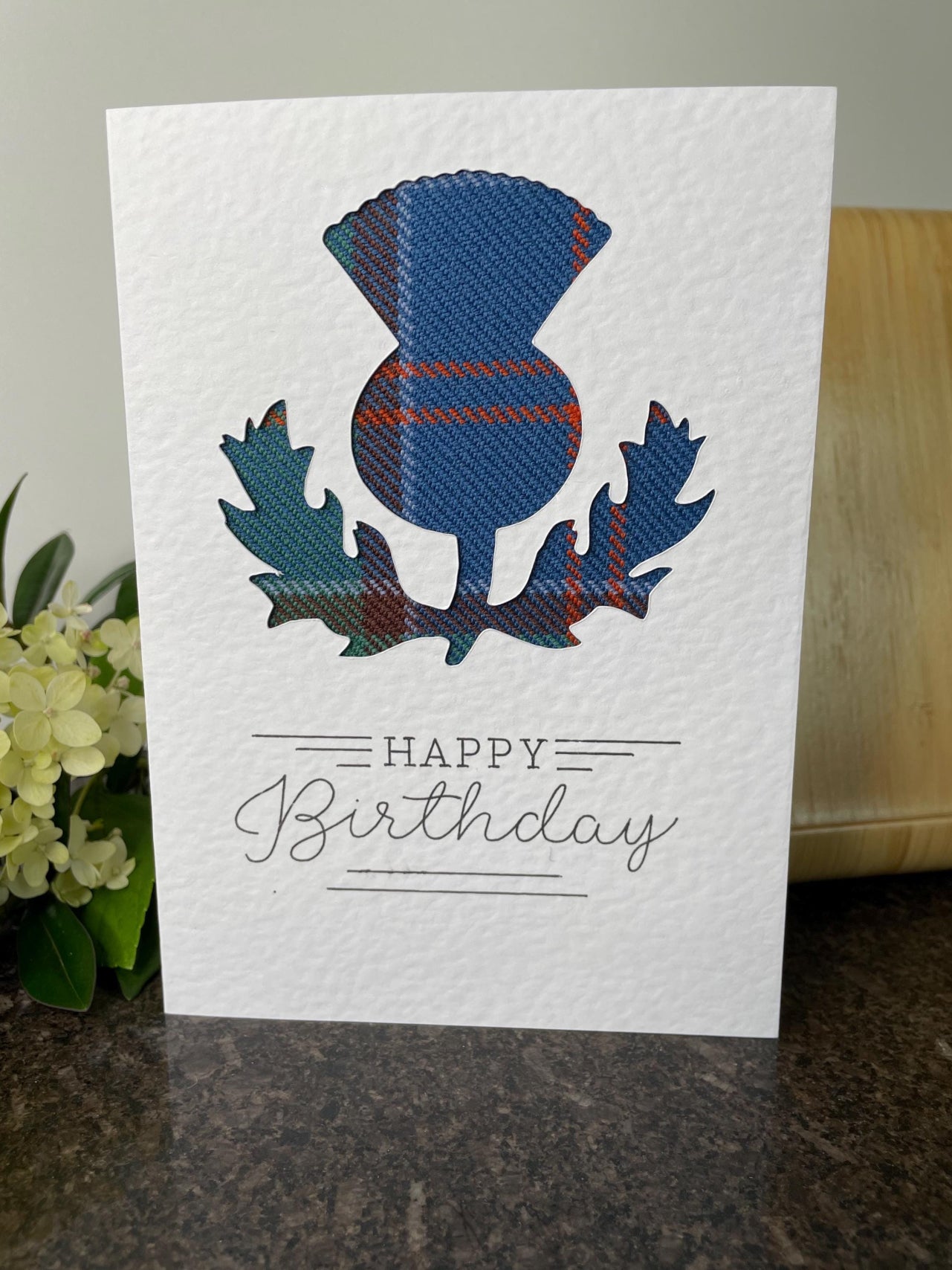 Scottish 100% wool Tartan Thistle Happy Birthday Greetings Card (Red or Blue)