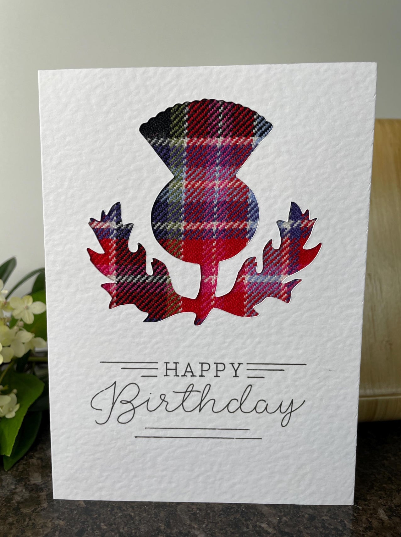 Scottish 100% wool Tartan Thistle Happy Birthday Greetings Card (Red or Blue)