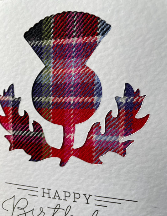 Scottish 100% wool Tartan Thistle Happy Birthday Greetings Card (Red or Blue)