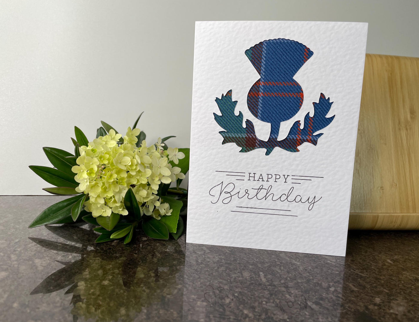 Scottish 100% wool Tartan Thistle Happy Birthday Greetings Card (Red or Blue)