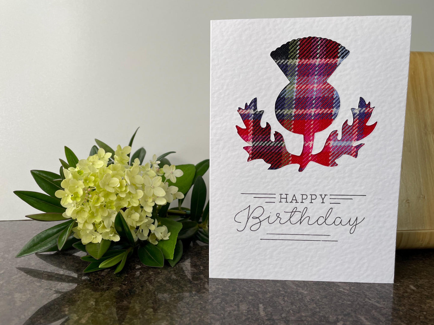 Scottish 100% wool Tartan Thistle Happy Birthday Greetings Card (Red or Blue)