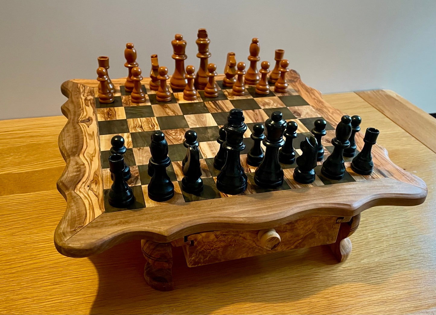 Handmade Olive Wood Chess Set with Storage Drawer - Elegant, Rustic, and Functional.