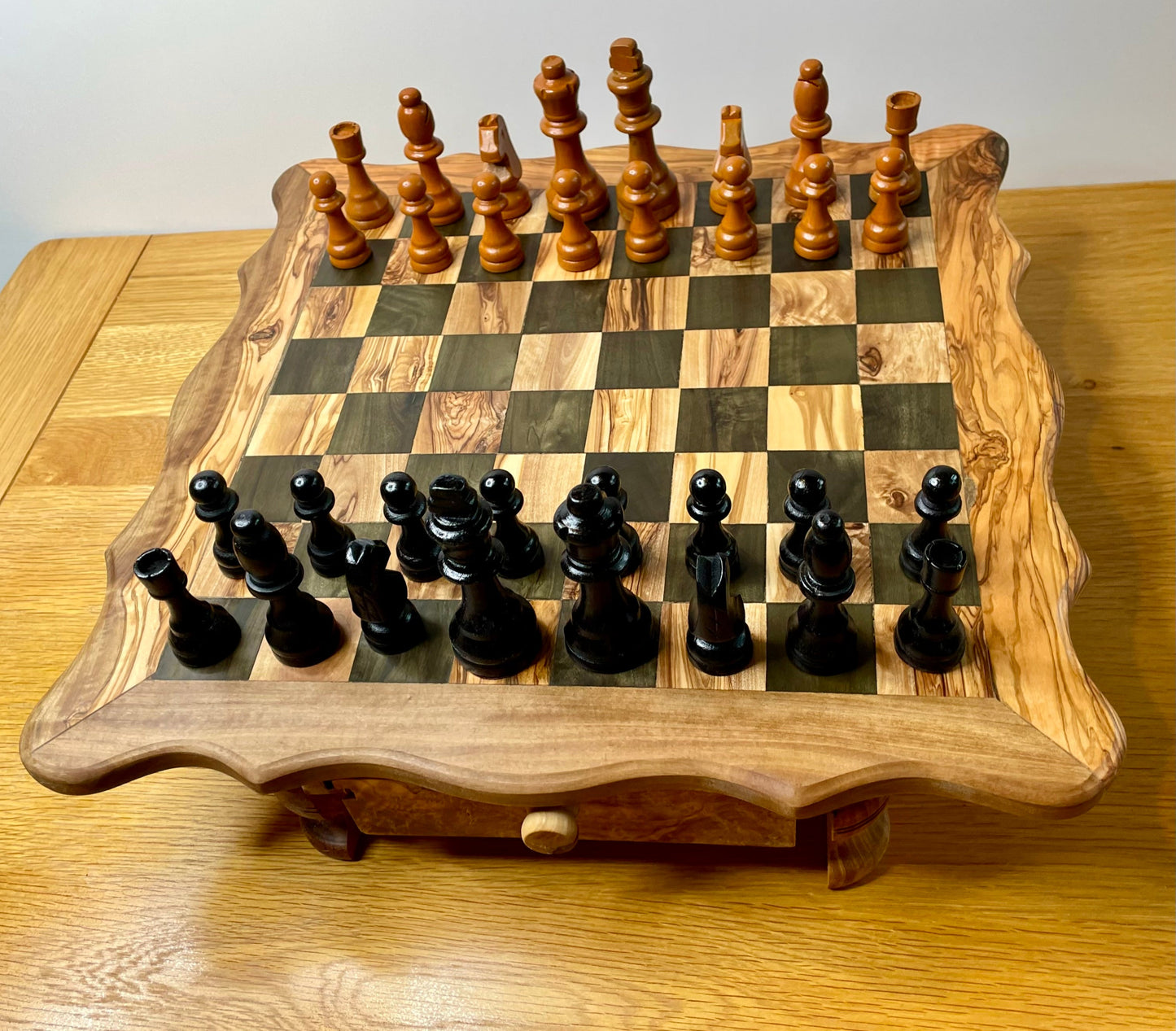 Handmade Olive Wood Chess Set with Storage Drawer - Elegant, Rustic, and Functional.