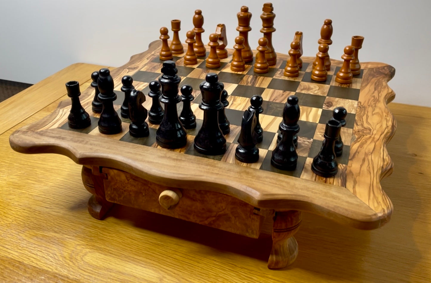 Handmade Olive Wood Chess Set with Storage Drawer - Elegant, Rustic, and Functional.
