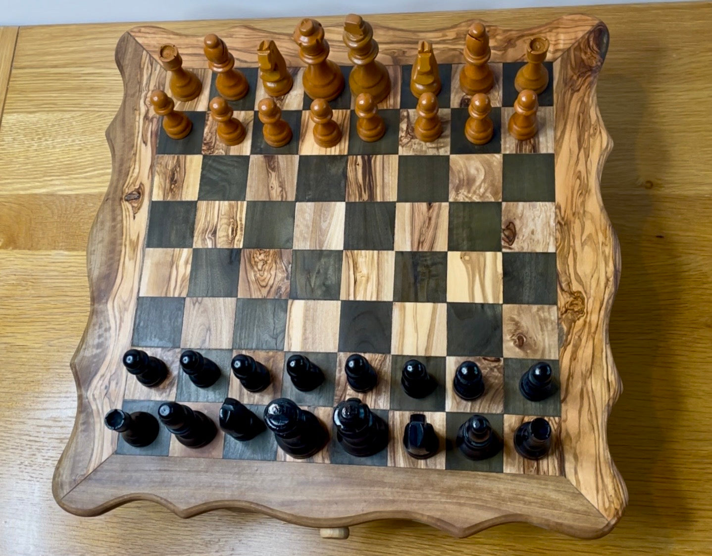 Handmade Olive Wood Chess Set with Storage Drawer - Elegant, Rustic, and Functional.