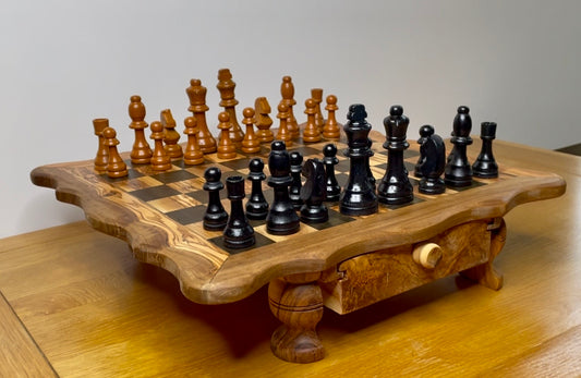 Handmade Olive Wood Chess Set with Storage Drawer - Elegant, Rustic, and Functional.