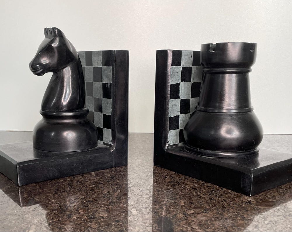 Artisan Palewa Stone Chess Bookends with Carved Chess Pieces , Knight & Rook.