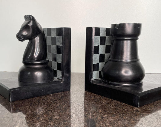 Artisan Palewa Stone Chess Bookends with Carved Chess Pieces , Knight & Rook.