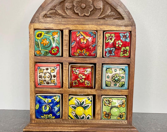 Artisan Wooden mini chest with 9 ceramic drawers rounded top - Fair Trade