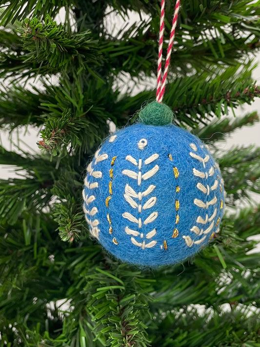 Blue Hand embroidered Wool Felt Christmas Baubles