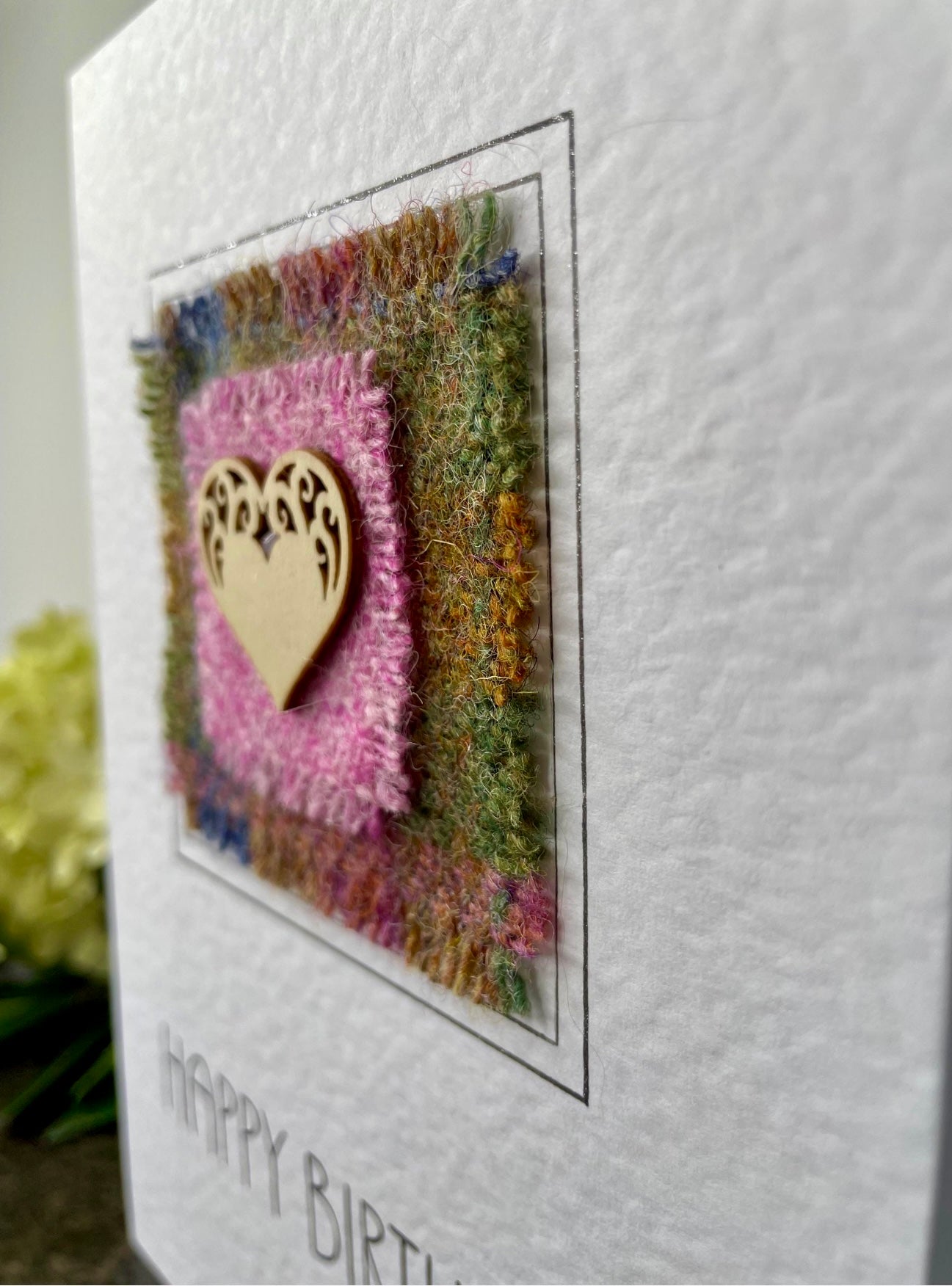 Hand crafted Harris Tweed Pink Heart Happy Birthday Greetings Card