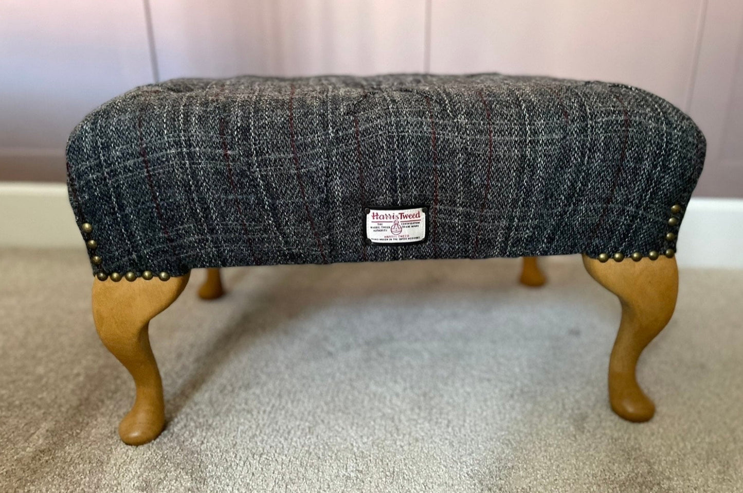 Harris Tweed Deep Buttoned Footstool, Pouffe, Unique Handmade, Traditionally made, Queen Anne Legs