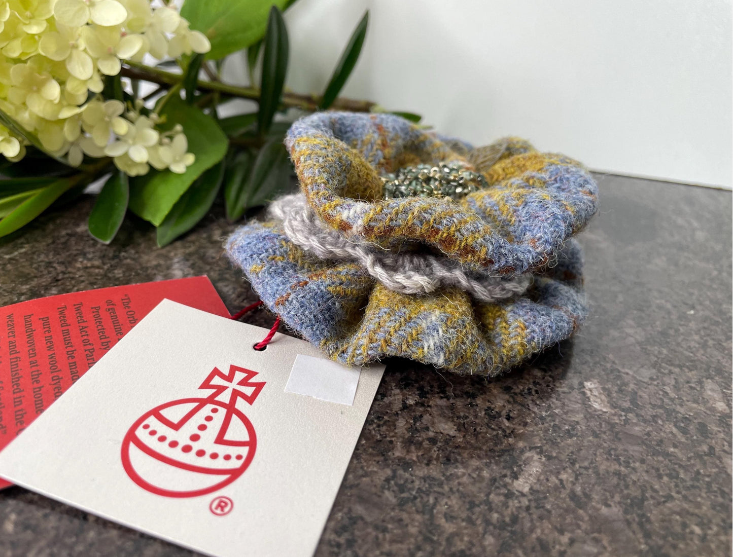 Hand crafted Genuine Harris Tweed Crochet Flower Brooch, Corsage Pin, Scottish Brooch Bag Charm Gift