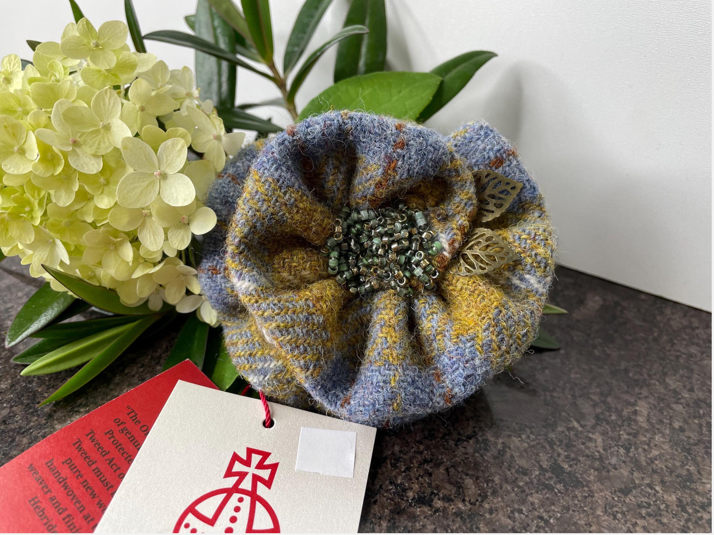 Hand crafted Genuine Harris Tweed Crochet Flower Brooch, Corsage Pin, Scottish Brooch Bag Charm Gift