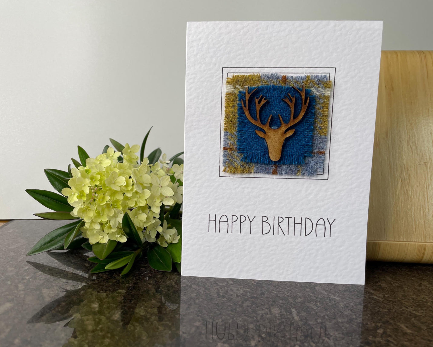 Hand made Harris Tweed Blue Stags Head Happy Birthday Greetings Card