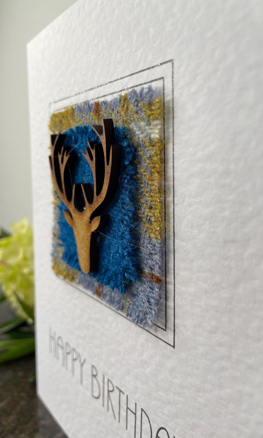 Hand made Harris Tweed Blue Stags Head Happy Birthday Greetings Card