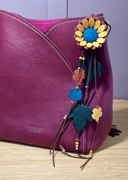 Handmade 100% Leather Flower Bag Charm Leather key ring Gift