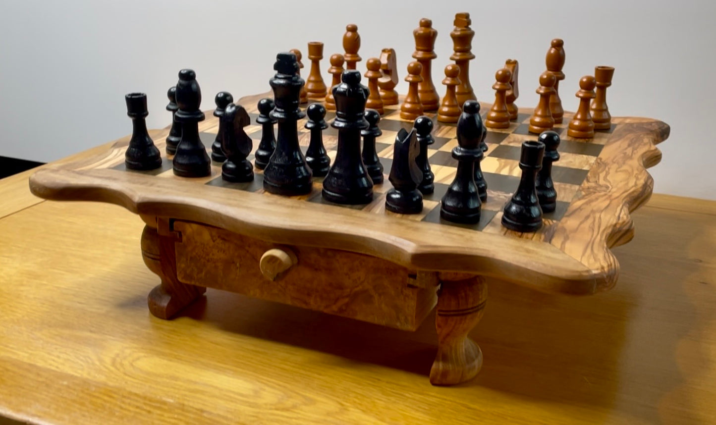 Handmade Olive Wood Chess Set with Storage Drawer - Elegant, Rustic, and Functional.